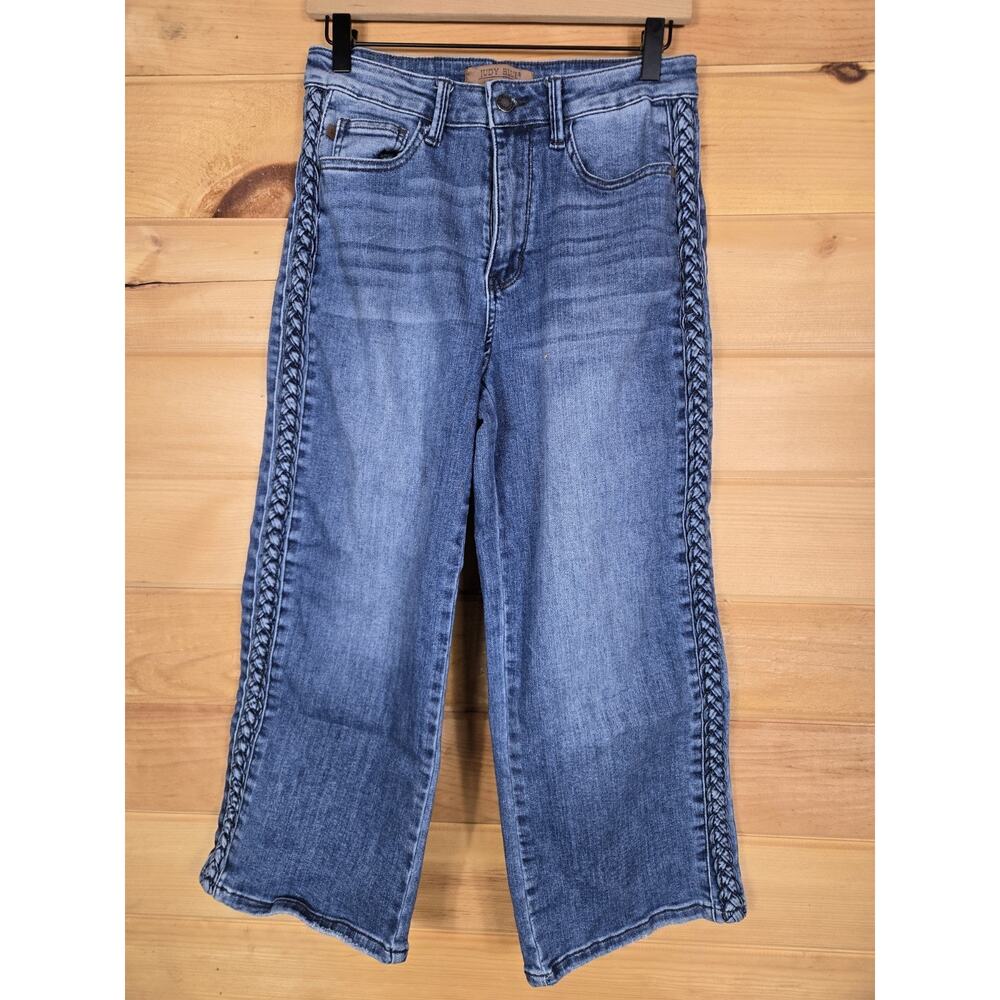 Judy Blue High Waist Crop Wide Leg Blue Jeans 88850 Braided Sides Size 7/28